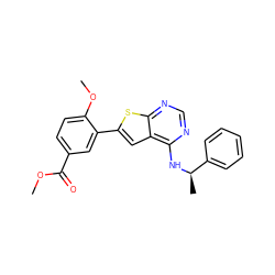 COC(=O)c1ccc(OC)c(-c2cc3c(N[C@H](C)c4ccccc4)ncnc3s2)c1 ZINC000653686875