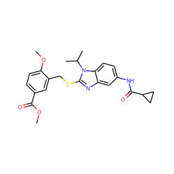 COC(=O)c1ccc(OC)c(CSc2nc3cc(NC(=O)C4CC4)ccc3n2C(C)C)c1 ZINC000028524007