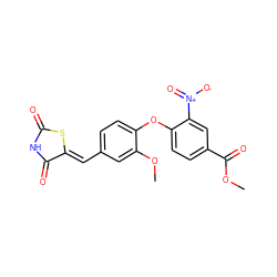 COC(=O)c1ccc(Oc2ccc(/C=C3\SC(=O)NC3=O)cc2OC)c([N+](=O)[O-])c1 ZINC000035861307