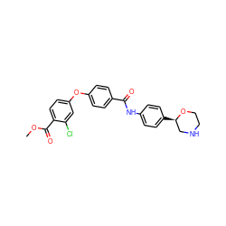 COC(=O)c1ccc(Oc2ccc(C(=O)Nc3ccc([C@@H]4CNCCO4)cc3)cc2)cc1Cl ZINC000166554744