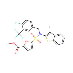 COC(=O)c1ccc(S(=O)(=O)N(Cc2ccc(F)c(C(F)(F)F)c2)c2sc3ccccc3c2C)o1 ZINC000115234033