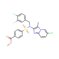 COC(=O)c1ccc(S(=O)(=O)N(Cc2ccc(F)c(F)c2)c2nc3ccc(Cl)cn3c2C)cc1 ZINC000167652202