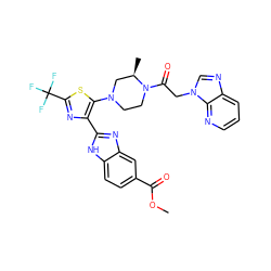 COC(=O)c1ccc2[nH]c(-c3nc(C(F)(F)F)sc3N3CCN(C(=O)Cn4cnc5cccnc54)[C@H](C)C3)nc2c1 ZINC000143700927