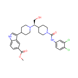 COC(=O)c1ccc2[nH]cc(C3CCN([C@@H](CO)C4CCN(C(=O)Nc5ccc(Cl)c(Cl)c5)CC4)CC3)c2c1 ZINC000029043862