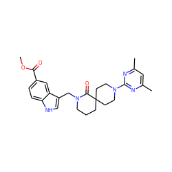 COC(=O)c1ccc2[nH]cc(CN3CCCC4(CCN(c5nc(C)cc(C)n5)CC4)C3=O)c2c1 ZINC000096282650