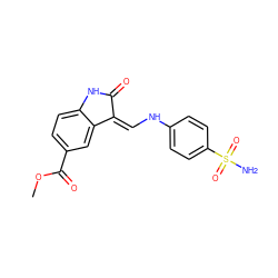 COC(=O)c1ccc2c(c1)/C(=C/Nc1ccc(S(N)(=O)=O)cc1)C(=O)N2 ZINC000013470456