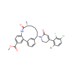 COC(=O)c1ccc2c(c1)-c1cccc(c1)[C@@H](N1CCC(c3c(Br)ccc(Cl)c3F)=CC1=O)CCC[C@@H](C)C(=O)N2 ZINC000220128303