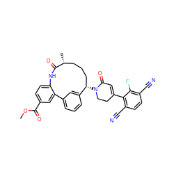 COC(=O)c1ccc2c(c1)-c1cccc(c1)[C@@H](N1CCC(c3c(C#N)ccc(C#N)c3F)=CC1=O)CCC[C@@H](C)C(=O)N2 ZINC000220117150