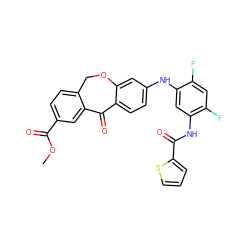 COC(=O)c1ccc2c(c1)C(=O)c1ccc(Nc3cc(NC(=O)c4cccs4)c(F)cc3F)cc1OC2 ZINC001772606473