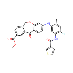 COC(=O)c1ccc2c(c1)C(=O)c1ccc(Nc3cc(NC(=O)c4ccsc4)c(F)cc3C)cc1OC2 ZINC001772602781