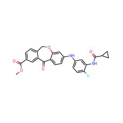 COC(=O)c1ccc2c(c1)C(=O)c1ccc(Nc3ccc(F)c(NC(=O)C4CC4)c3)cc1OC2 ZINC001772582459