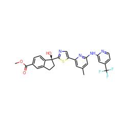 COC(=O)c1ccc2c(c1)CC[C@@]2(O)c1ncc(-c2cc(C)cc(Nc3cc(C(F)(F)F)ccn3)n2)s1 ZINC000141985181