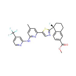 COC(=O)c1ccc2c(c1)CCC[C@@]2(F)c1ncc(-c2cc(C)cc(Nc3cc(C(F)(F)F)ccn3)n2)s1 ZINC000169704409