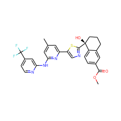 COC(=O)c1ccc2c(c1)CCC[C@@]2(O)c1ncc(-c2cc(C)cc(Nc3cc(C(F)(F)F)ccn3)n2)s1 ZINC000141929915