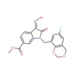 COC(=O)c1ccc2c(c1)N(Cc1cc(F)cc3c1OCOC3)C(=O)/C2=N\O ZINC000043059484