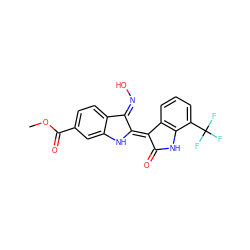 COC(=O)c1ccc2c(c1)NC(=C1\C(=O)Nc3c1cccc3C(F)(F)F)/C2=N/O ZINC000101658941