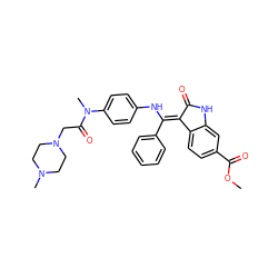 COC(=O)c1ccc2c(c1)NC(=O)/C2=C(\Nc1ccc(N(C)C(=O)CN2CCN(C)CC2)cc1)c1ccccc1 ZINC000100014909