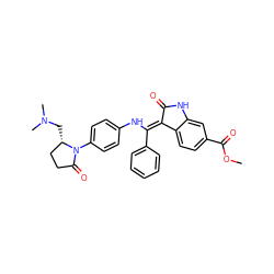 COC(=O)c1ccc2c(c1)NC(=O)/C2=C(\Nc1ccc(N2C(=O)CC[C@@H]2CN(C)C)cc1)c1ccccc1 ZINC000217047124