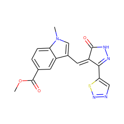 COC(=O)c1ccc2c(c1)c(/C=C1\C(=O)NN=C1c1cnns1)cn2C ZINC000028955003