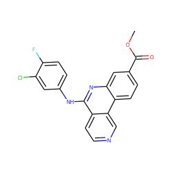 COC(=O)c1ccc2c(c1)nc(Nc1ccc(F)c(Cl)c1)c1ccncc12 ZINC000199793292