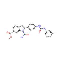 COC(=O)c1ccc2cc(-c3ccc(NC(=O)Nc4cccc(C)c4)cc3)n(C([NH])=O)c2c1 ZINC001772606013