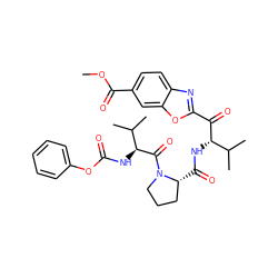 COC(=O)c1ccc2nc(C(=O)[C@@H](NC(=O)[C@@H]3CCCN3C(=O)[C@@H](NC(=O)Oc3ccccc3)C(C)C)C(C)C)oc2c1 ZINC000026935540