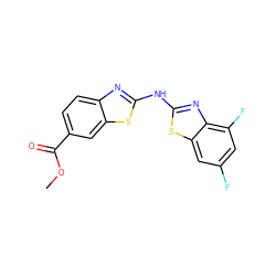 COC(=O)c1ccc2nc(Nc3nc4c(F)cc(F)cc4s3)sc2c1 ZINC000004137806