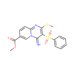 COC(=O)c1ccc2nc(SC)c(S(=O)(=O)c3ccccc3)c(=N)n2c1 ZINC000103270610