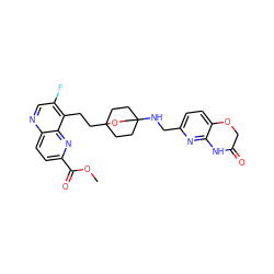 COC(=O)c1ccc2ncc(F)c(CCC34CCC(NCc5ccc6c(n5)NC(=O)CO6)(CC3)CO4)c2n1 ZINC000149121749