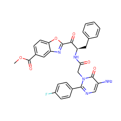 COC(=O)c1ccc2oc(C(=O)[C@@H](Cc3ccccc3)NC(=O)Cn3c(-c4ccc(F)cc4)ncc(N)c3=O)nc2c1 ZINC000001550235