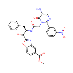 COC(=O)c1ccc2oc(C(=O)[C@@H](Cc3ccccc3)NC(=O)Cn3c(-c4cccc([N+](=O)[O-])c4)ncc(N)c3=O)nc2c1 ZINC000028757318