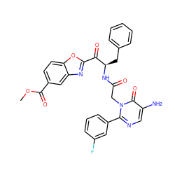 COC(=O)c1ccc2oc(C(=O)[C@@H](Cc3ccccc3)NC(=O)Cn3c(-c4cccc(F)c4)ncc(N)c3=O)nc2c1 ZINC000028756428