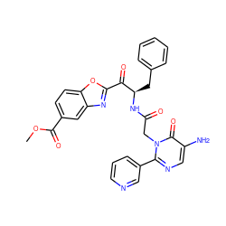 COC(=O)c1ccc2oc(C(=O)[C@@H](Cc3ccccc3)NC(=O)Cn3c(-c4cccnc4)ncc(N)c3=O)nc2c1 ZINC000028756130