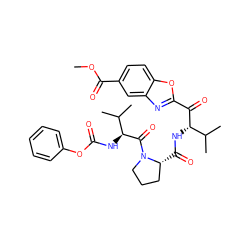 COC(=O)c1ccc2oc(C(=O)[C@@H](NC(=O)[C@@H]3CCCN3C(=O)[C@@H](NC(=O)Oc3ccccc3)C(C)C)C(C)C)nc2c1 ZINC000026937176