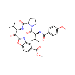 COC(=O)c1ccc2oc(C(=O)[C@@H](NC(=O)[C@@H]3CCCN3C(=O)[C@@H](NC(=O)c3ccc(OC)cc3)C(C)C)C(C)C)nc2c1 ZINC000026943546
