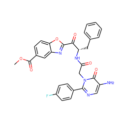 COC(=O)c1ccc2oc(C(=O)[C@H](Cc3ccccc3)NC(=O)Cn3c(-c4ccc(F)cc4)ncc(N)c3=O)nc2c1 ZINC000014140065