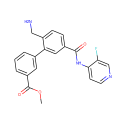 COC(=O)c1cccc(-c2cc(C(=O)Nc3ccncc3F)ccc2CN)c1 ZINC000096286489