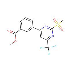 COC(=O)c1cccc(-c2cc(C(F)(F)F)nc(S(C)(=O)=O)n2)c1 ZINC001772642061