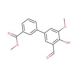 COC(=O)c1cccc(-c2cc(C=O)c(O)c(OC)c2)c1 ZINC000169699654