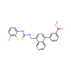 COC(=O)c1cccc(-c2ccc(CNC(=O)Nc3cccc(Cl)c3Cl)c3cnccc23)c1 ZINC000653751679