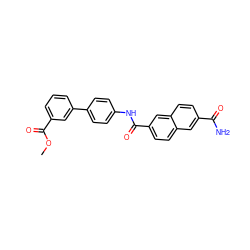 COC(=O)c1cccc(-c2ccc(NC(=O)c3ccc4cc(C(N)=O)ccc4c3)cc2)c1 ZINC000082149214