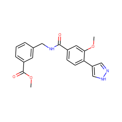 COC(=O)c1cccc(CNC(=O)c2ccc(-c3cn[nH]c3)c(OC)c2)c1 ZINC000213990761