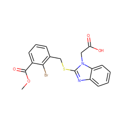 COC(=O)c1cccc(CSc2nc3ccccc3n2CC(=O)O)c1Br ZINC000084668623