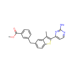 COC(=O)c1cccc(Cc2ccc3sc(-c4ccnc(N)n4)c(C)c3c2)c1 ZINC000049037486