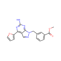 COC(=O)c1cccc(Cn2ncc3c(-c4ccco4)nc(N)nc32)c1 ZINC000029046791