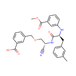 COC(=O)c1cccc(N[C@@H](Cc2cccc(C)c2)C(=O)N[C@H](C#N)COCc2cccc(C(=O)O)c2)c1 ZINC000013587588