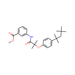 COC(=O)c1cccc(NC(=O)C(C)(C)Oc2ccc(C(C)(C)CC(C)(C)C)cc2)c1 ZINC001772576603