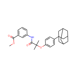 COC(=O)c1cccc(NC(=O)C(C)(C)Oc2ccc(C34CC5CC(CC(C5)C3)C4)cc2)c1 ZINC001772653699