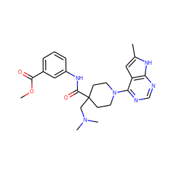 COC(=O)c1cccc(NC(=O)C2(CN(C)C)CCN(c3ncnc4[nH]c(C)cc34)CC2)c1 ZINC000473115493