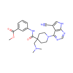 COC(=O)c1cccc(NC(=O)C2(CN(C)C)CCN(c3ncnc4[nH]cc(C#N)c34)CC2)c1 ZINC000473115859